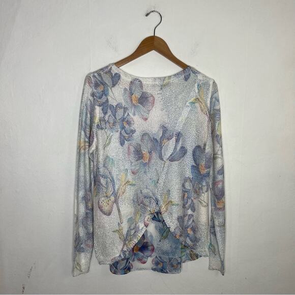 Sioni Floral Print Chiffon Knit Slouchy Sweater Coastal Boxy Long Sleeve Size M - Picture 3 of 15